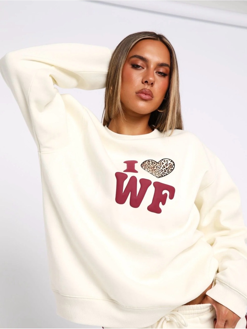 White Fox Boutique Cream Sweatshirt with Burgundy 'I love WF' Graphic